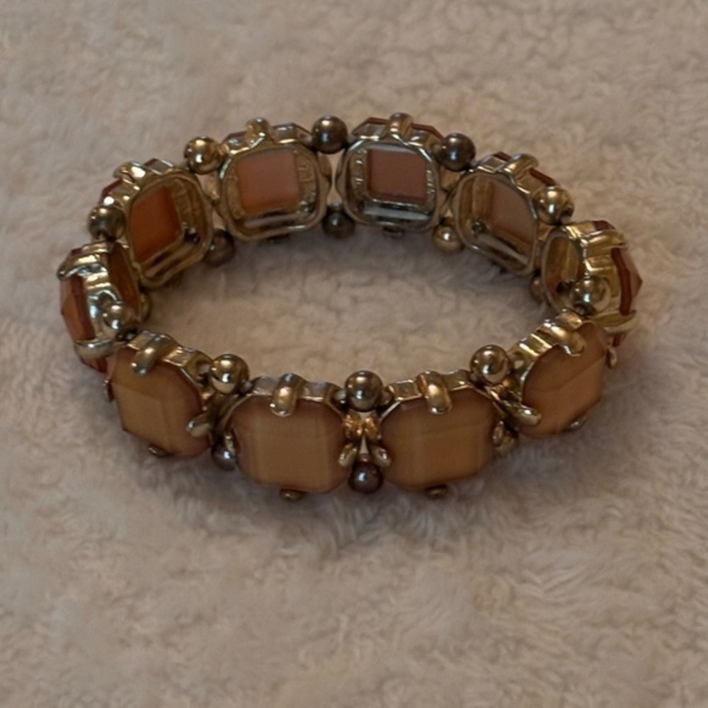 Elegan Antiqued Gold Brown Cabochon Stretch Bracelet Boho Vintage Statement